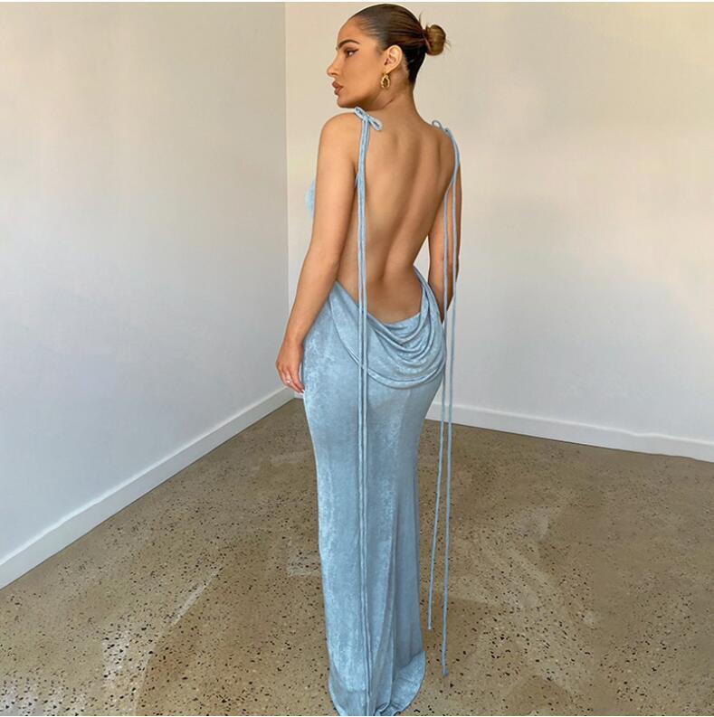 Elegant Fashion Halter Sexy Backless Draped Maxi Dress Women 2024 Summer Women Party Long Straps Shift Dresses Clothes