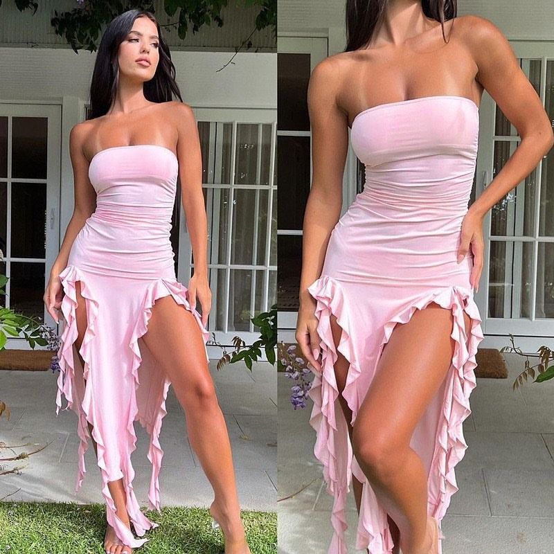 Women Elegant Sleeveless Maxi Dress Sexy Ruffles Backless Party Club Dresses 2023 Fashion Ladies Beach Split Sundress Vestidos