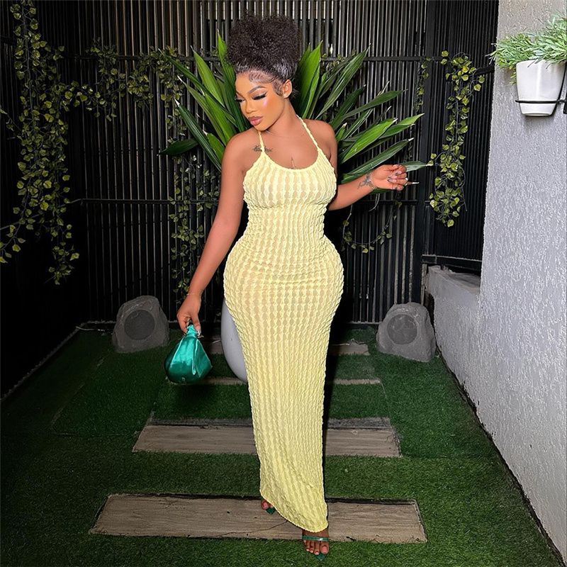 2023 U Neck Sleeveless Shoulder Bodycon Long Dress Basic Women Summer Solid Color Backless Party Sexy Clubwear Dresses