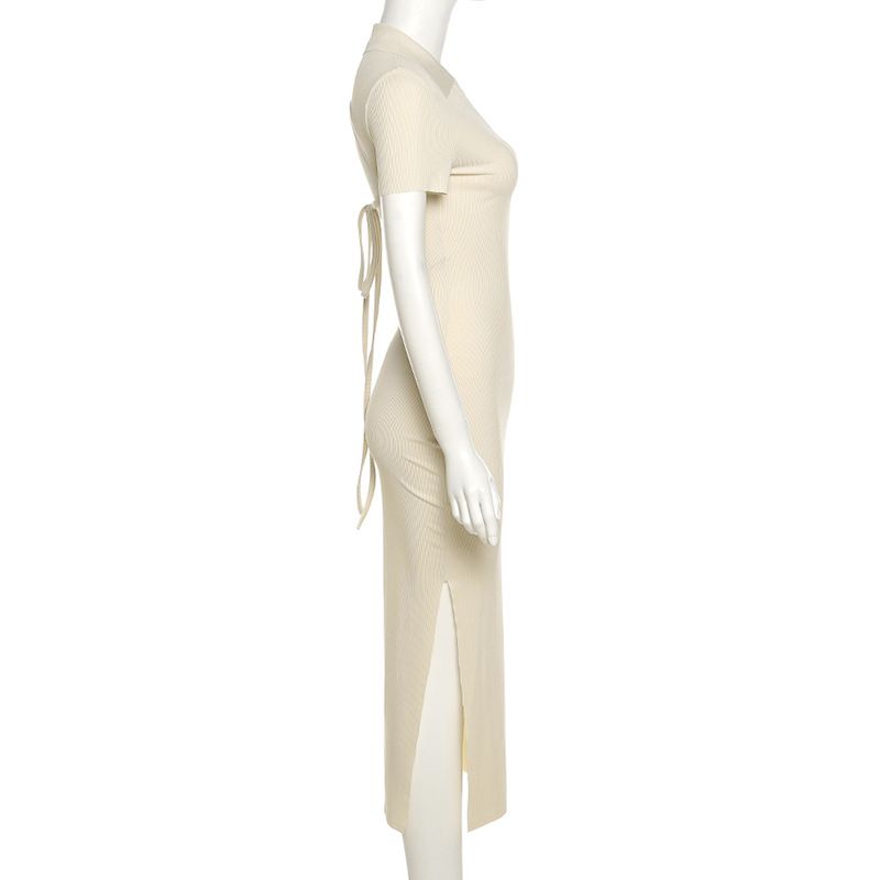 Lapel Short Sleeve Sexy Halter Fashion Slim Slit Dresses Women's Club Party Dress Summer Robe Longue