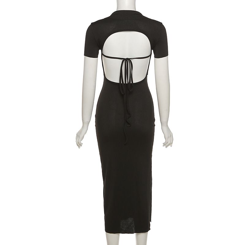 Lapel Short Sleeve Sexy Halter Fashion Slim Slit Dresses Women's Club Party Dress Summer Robe Longue