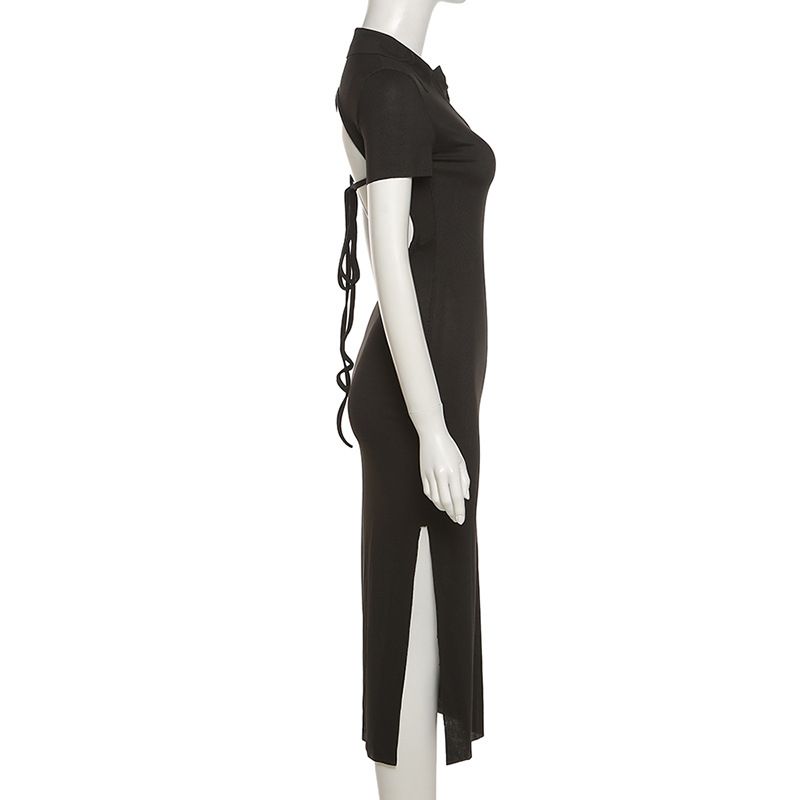 Lapel Short Sleeve Sexy Halter Fashion Slim Slit Dresses Women's Club Party Dress Summer Robe Longue