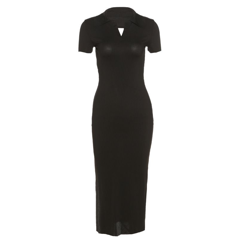 Lapel Short Sleeve Sexy Halter Fashion Slim Slit Dresses Women's Club Party Dress Summer Robe Longue