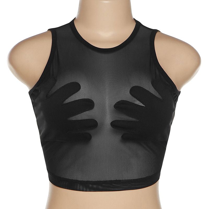 European and American Style 2024 Summer New Women's Round Neck Sleeveless Perspective Mesh Panel Palm Creative Tank Top for Wome