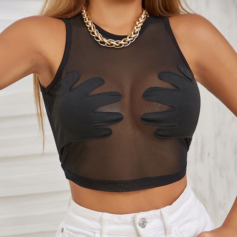 European and American Style 2024 Summer New Women's Round Neck Sleeveless Perspective Mesh Panel Palm Creative Tank Top for Wome