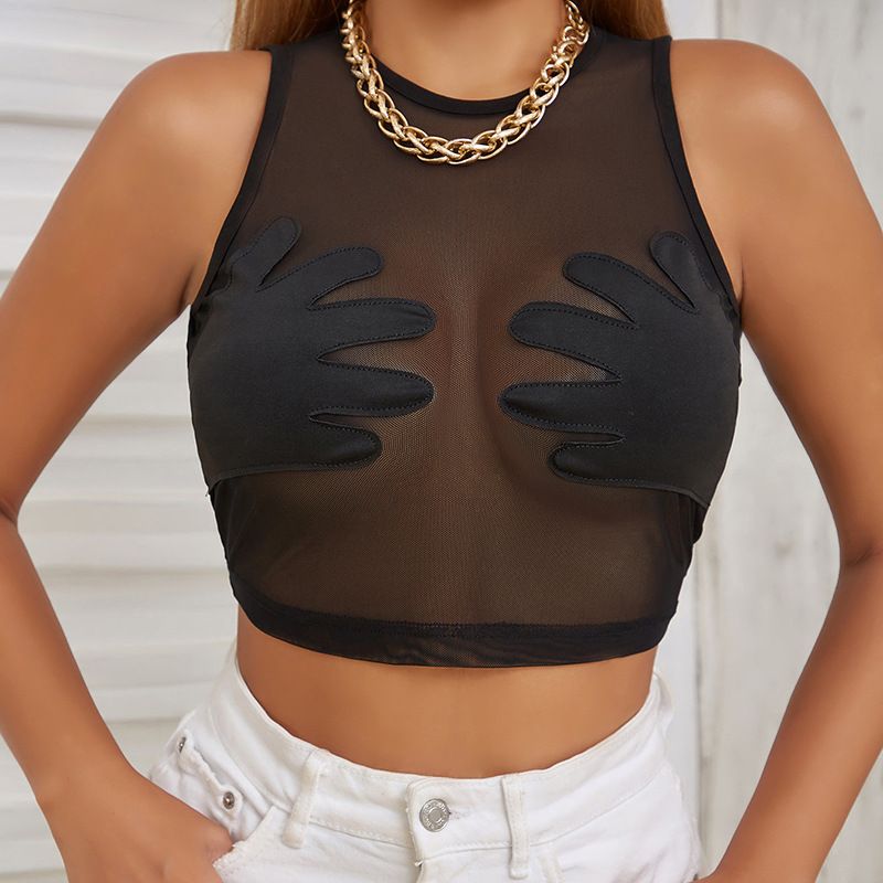 European and American Style 2024 Summer New Women's Round Neck Sleeveless Perspective Mesh Panel Palm Creative Tank Top for Wome