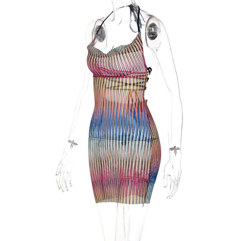 Mesh Mini Dress See Through Breast Wrap Hollow Out Lace Up Bandage Sleeveless Open Back Nightclub Party Bodycon