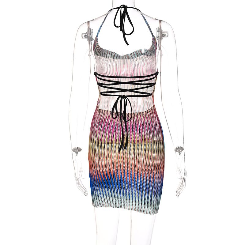 Mesh Mini Dress See Through Breast Wrap Hollow Out Lace Up Bandage Sleeveless Open Back Nightclub Party Bodycon