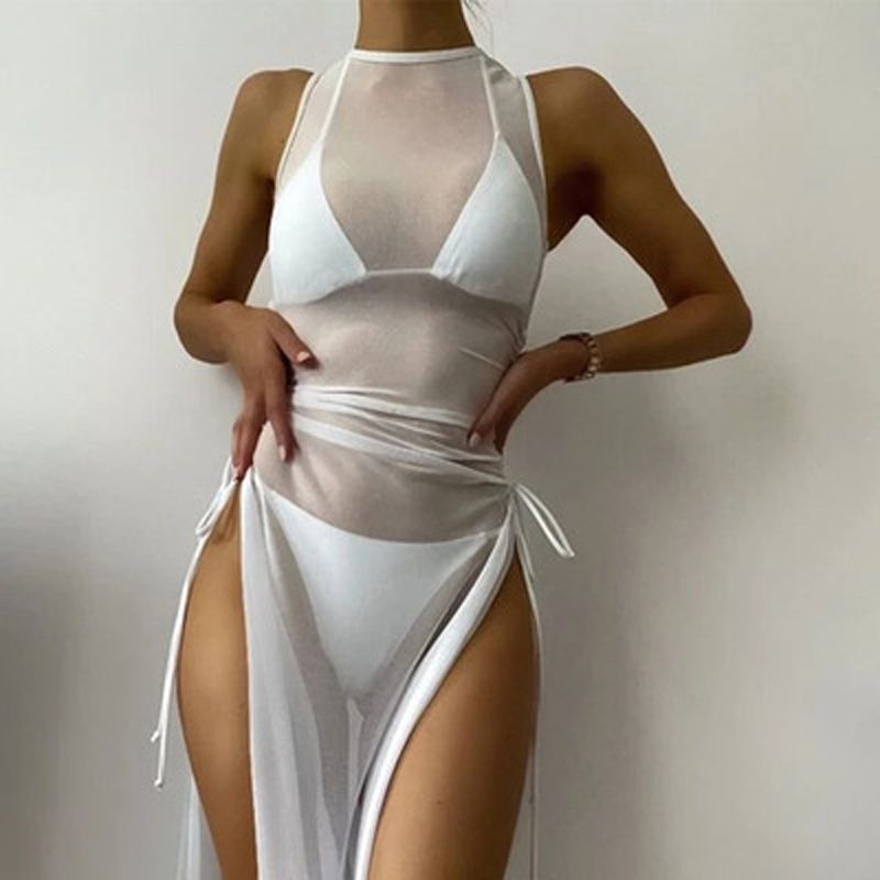 Solid Color Three Pieces Swimsuits Women's Bandeau Bikinis Set Female High Waist Bathing Suit+Mesh Maxi Skirts Cover Up