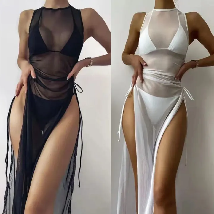 Solid Color Three Pieces Swimsuits Women's Bandeau Bikinis Set Female High Waist Bathing Suit+Mesh Maxi Skirts Cover Up