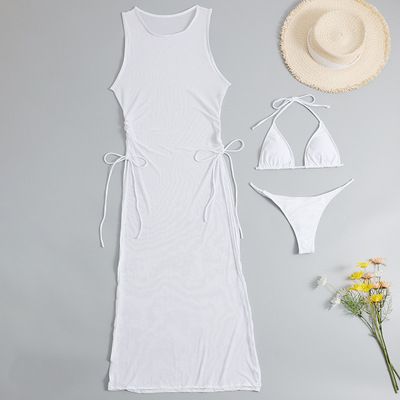 Solid Color Three Pieces Swimsuits Women's Bandeau Bikinis Set Female High Waist Bathing Suit+Mesh Maxi Skirts Cover Up