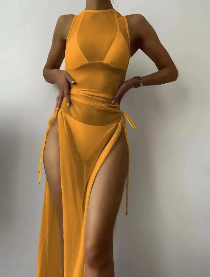Solid Color Three Pieces Swimsuits Women's Bandeau Bikinis Set Female High Waist Bathing Suit+Mesh Maxi Skirts Cover Up
