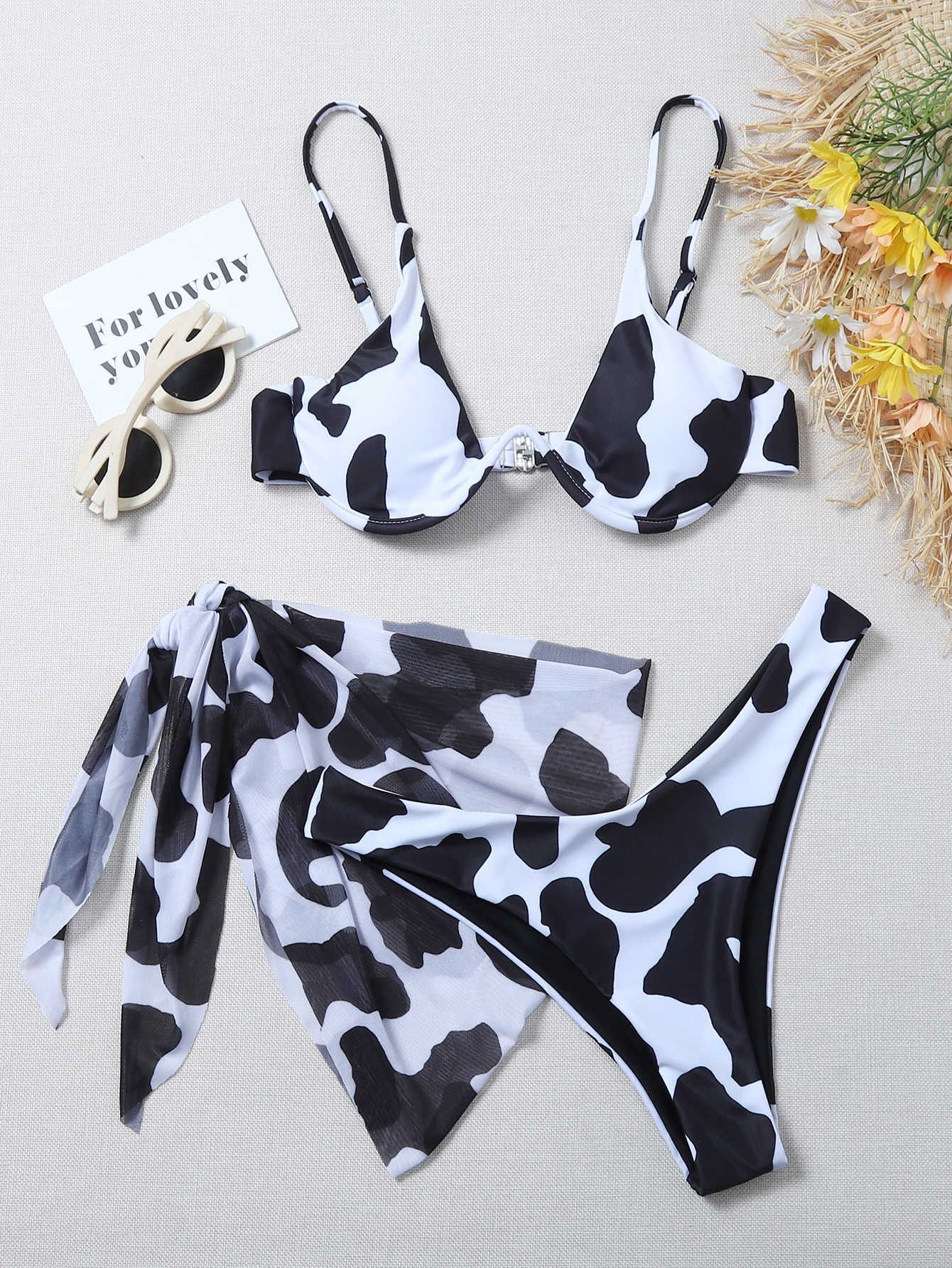 Vitality Print Three-piece Suit Sexy Bikinis Push Up Bikini 2024 Newest Swimwear Women Straps Padded Bra Low Waist Swimsuit