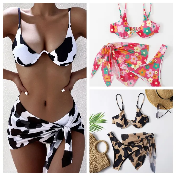 Vitality Print Three-piece Suit Sexy Bikinis Push Up Bikini 2024 Newest Swimwear Women Straps Padded Bra Low Waist Swimsuit
