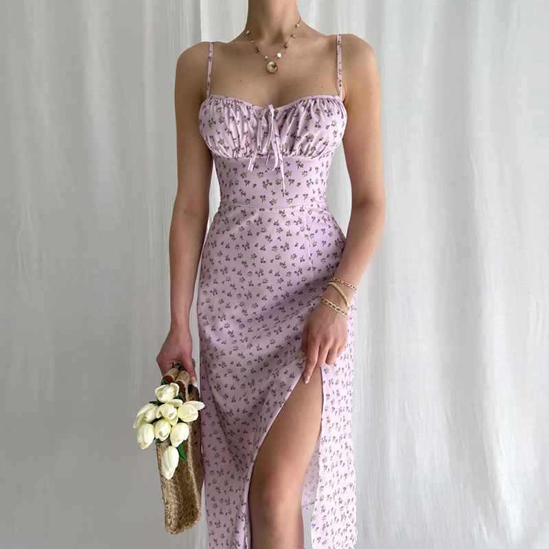 Strap Evening Party Sexy Deep V-neck Floral Printing Sleeveless Slit Slip Dress Club Elastic Waist Summer Women's Cloth