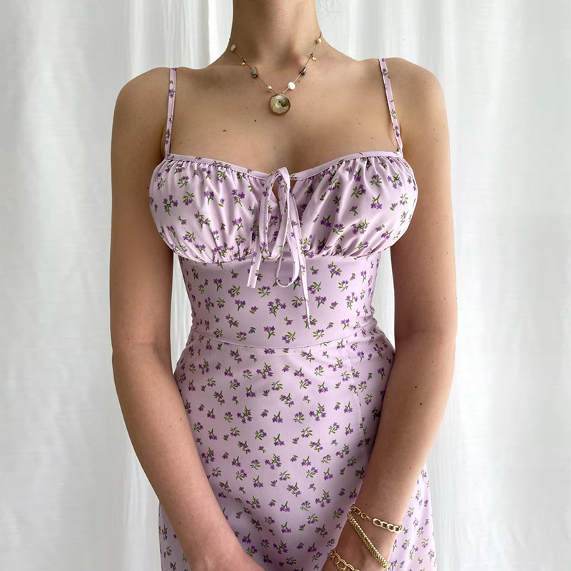 Strap Evening Party Sexy Deep V-neck Floral Printing Sleeveless Slit Slip Dress Club Elastic Waist Summer Women's Cloth