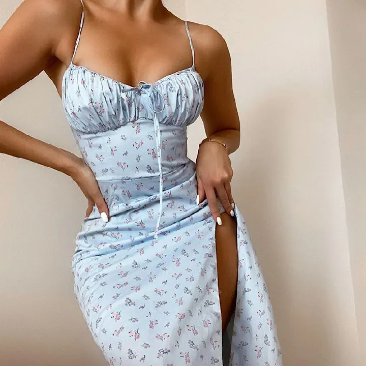 Strap Evening Party Sexy Deep V-neck Floral Printing Sleeveless Slit Slip Dress Club Elastic Waist Summer Women's Cloth