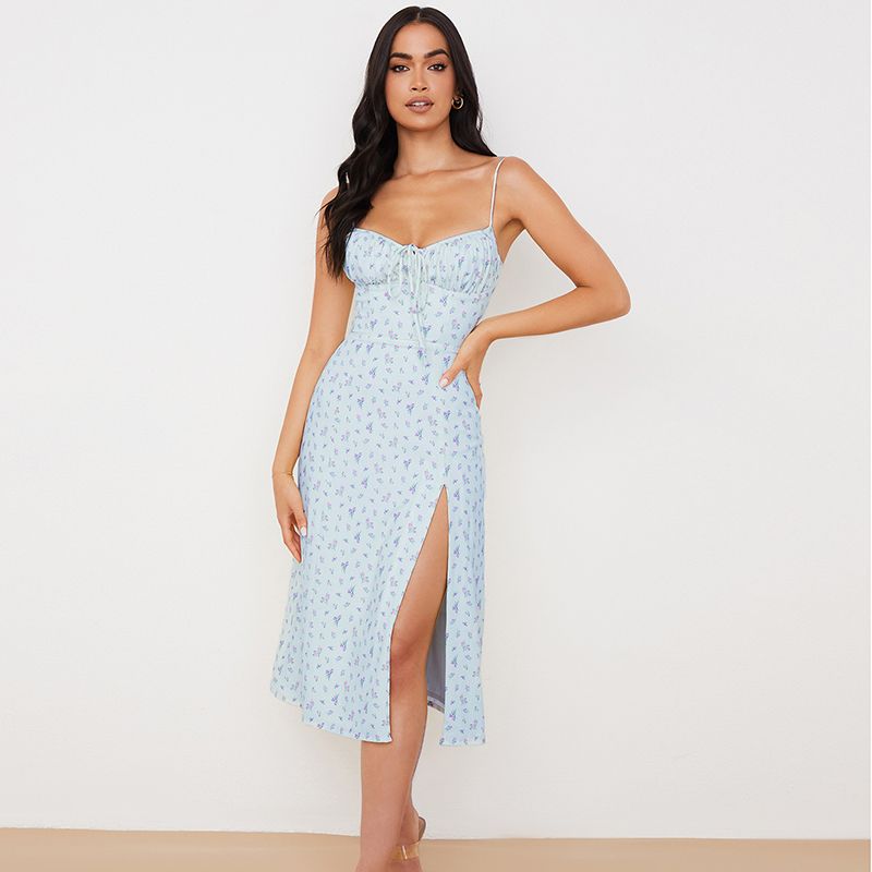 Strap Evening Party Sexy Deep V-neck Floral Printing Sleeveless Slit Slip Dress Club Elastic Waist Summer Women's Cloth