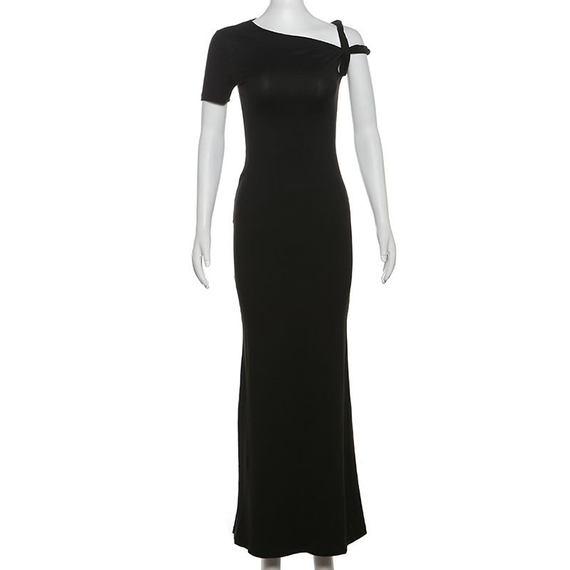 One Shoulder Wide Folds Dresses Women Irregular Hem Solid Vintage Diagonal Collar Female Sleeveless Dress