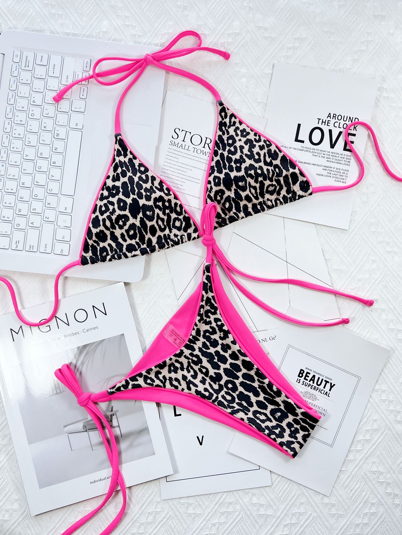 Fashion Summer Leopard Print Swimsuit Two Piece Backless Triangle Bag Micro Beachwear Sexy Halter Tie-up Push Up Bikini Swimwear