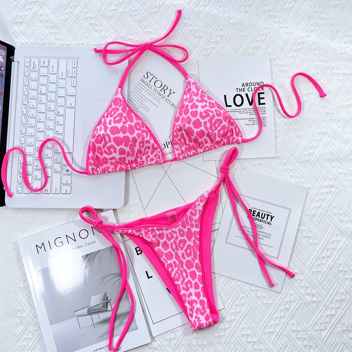 Fashion Summer Leopard Print Swimsuit Two Piece Backless Triangle Bag Micro Beachwear Sexy Halter Tie-up Push Up Bikini Swimwear