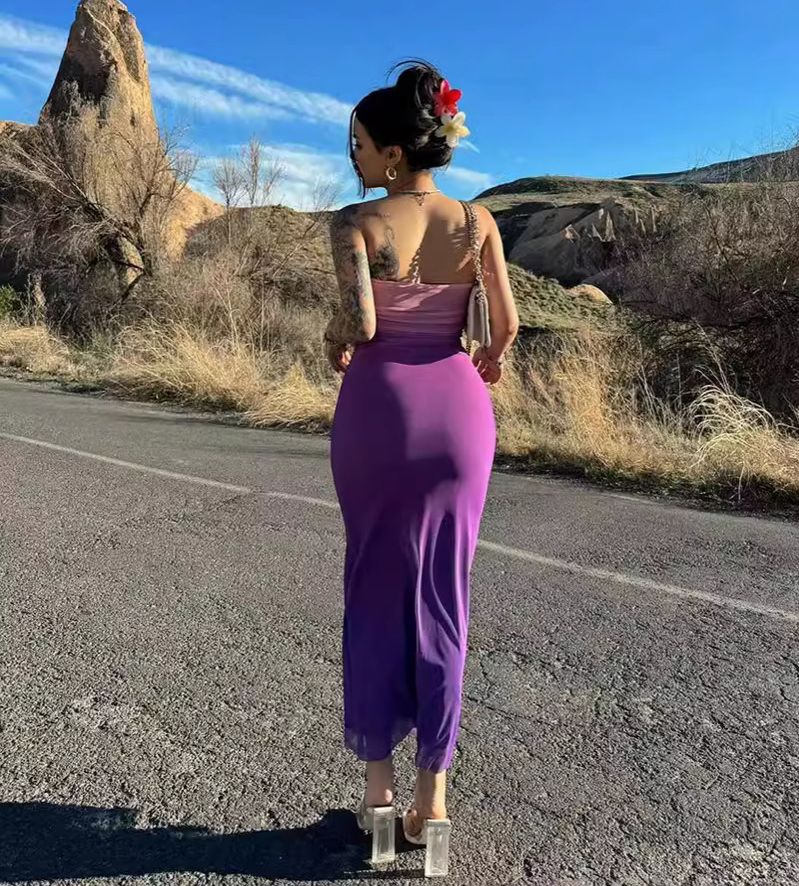 Gradient Sleeveless Long Dress Women Satin Sleeveless Backless Female Party Dresses 2024 Summer Lady Tie Dyed Robe New