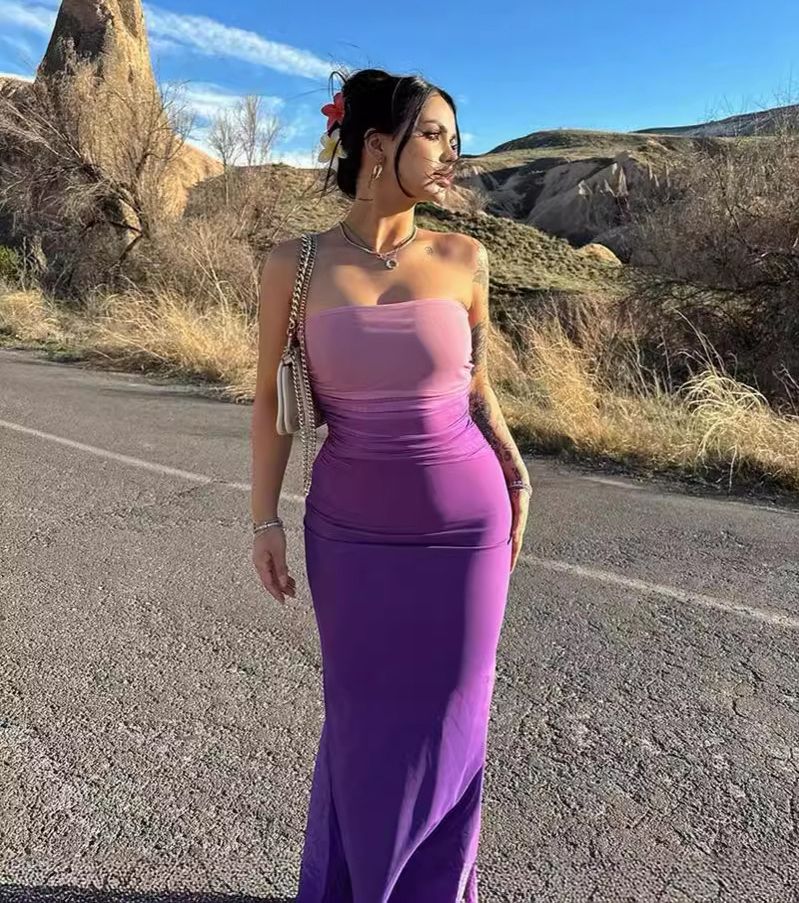 Gradient Sleeveless Long Dress Women Satin Sleeveless Backless Female Party Dresses 2024 Summer Lady Tie Dyed Robe New