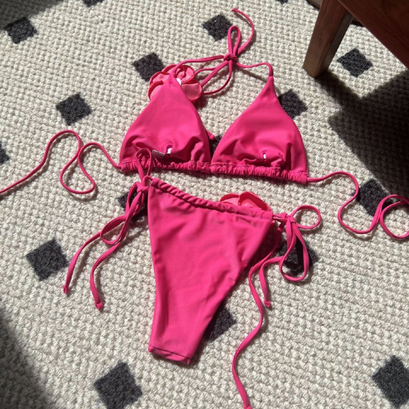 New 2024 Bikini Solid Rose Decorative Bra Drawstring Strap Split Swimsuit Beach Swimming Pool Women Summer Swimwear
