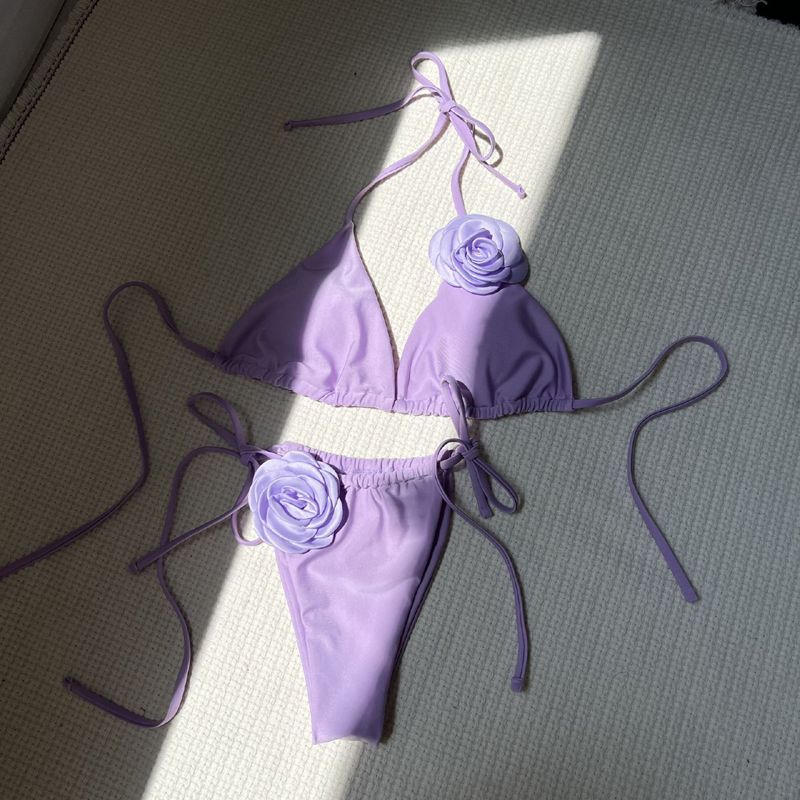 New 2024 Bikini Solid Rose Decorative Bra Drawstring Strap Split Swimsuit Beach Swimming Pool Women Summer Swimwear