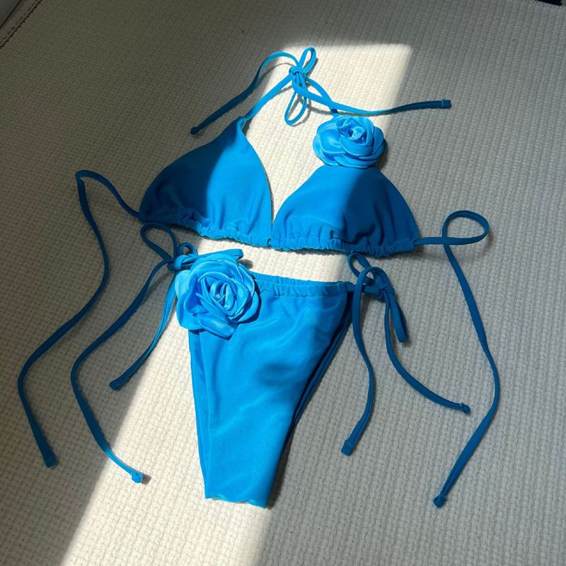 New 2024 Bikini Solid Rose Decorative Bra Drawstring Strap Split Swimsuit Beach Swimming Pool Women Summer Swimwear