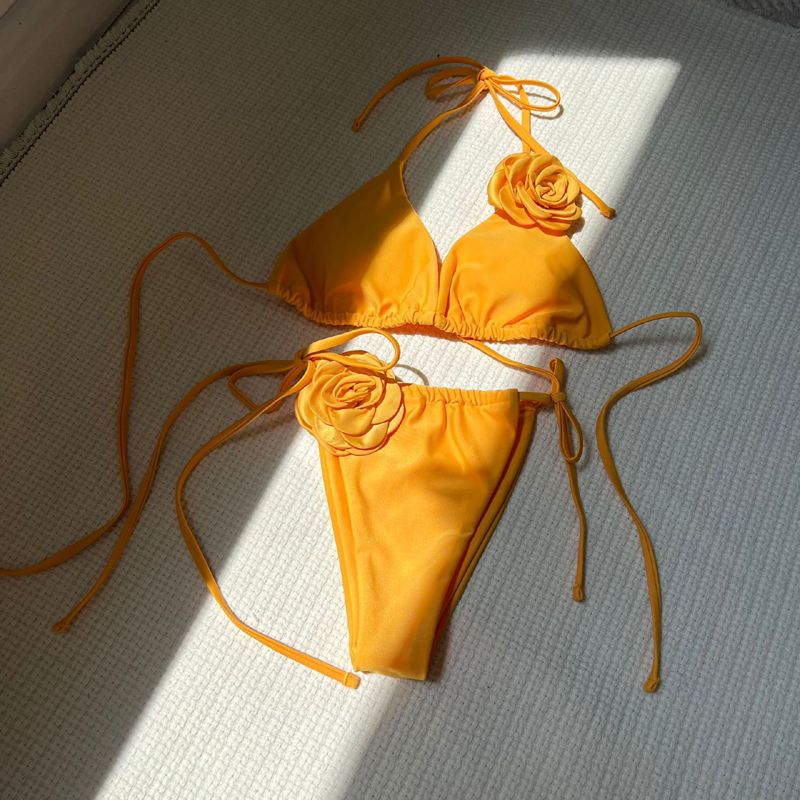 New 2024 Bikini Solid Rose Decorative Bra Drawstring Strap Split Swimsuit Beach Swimming Pool Women Summer Swimwear