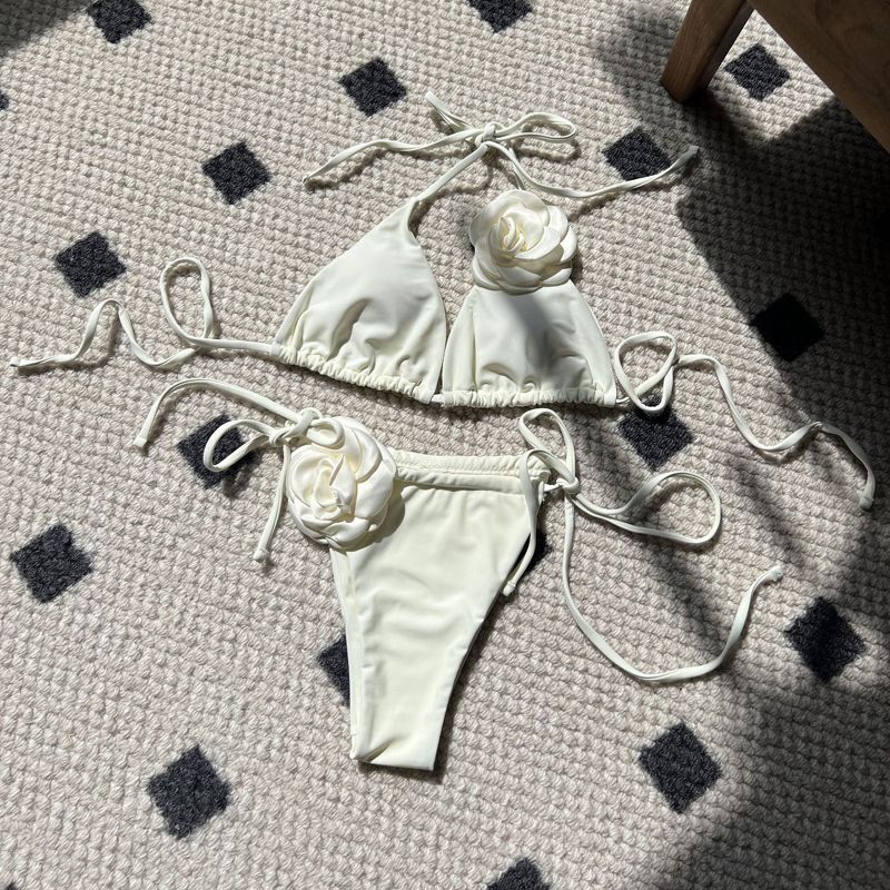 New 2024 Bikini Solid Rose Decorative Bra Drawstring Strap Split Swimsuit Beach Swimming Pool Women Summer Swimwear