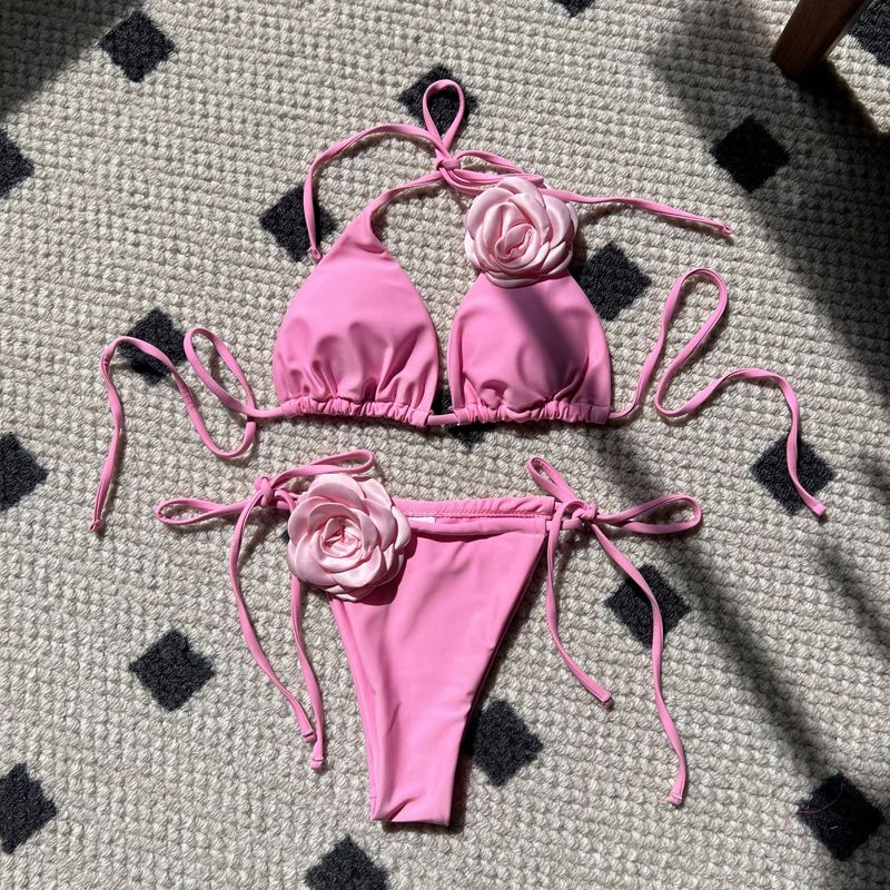 New 2024 Bikini Solid Rose Decorative Bra Drawstring Strap Split Swimsuit Beach Swimming Pool Women Summer Swimwear