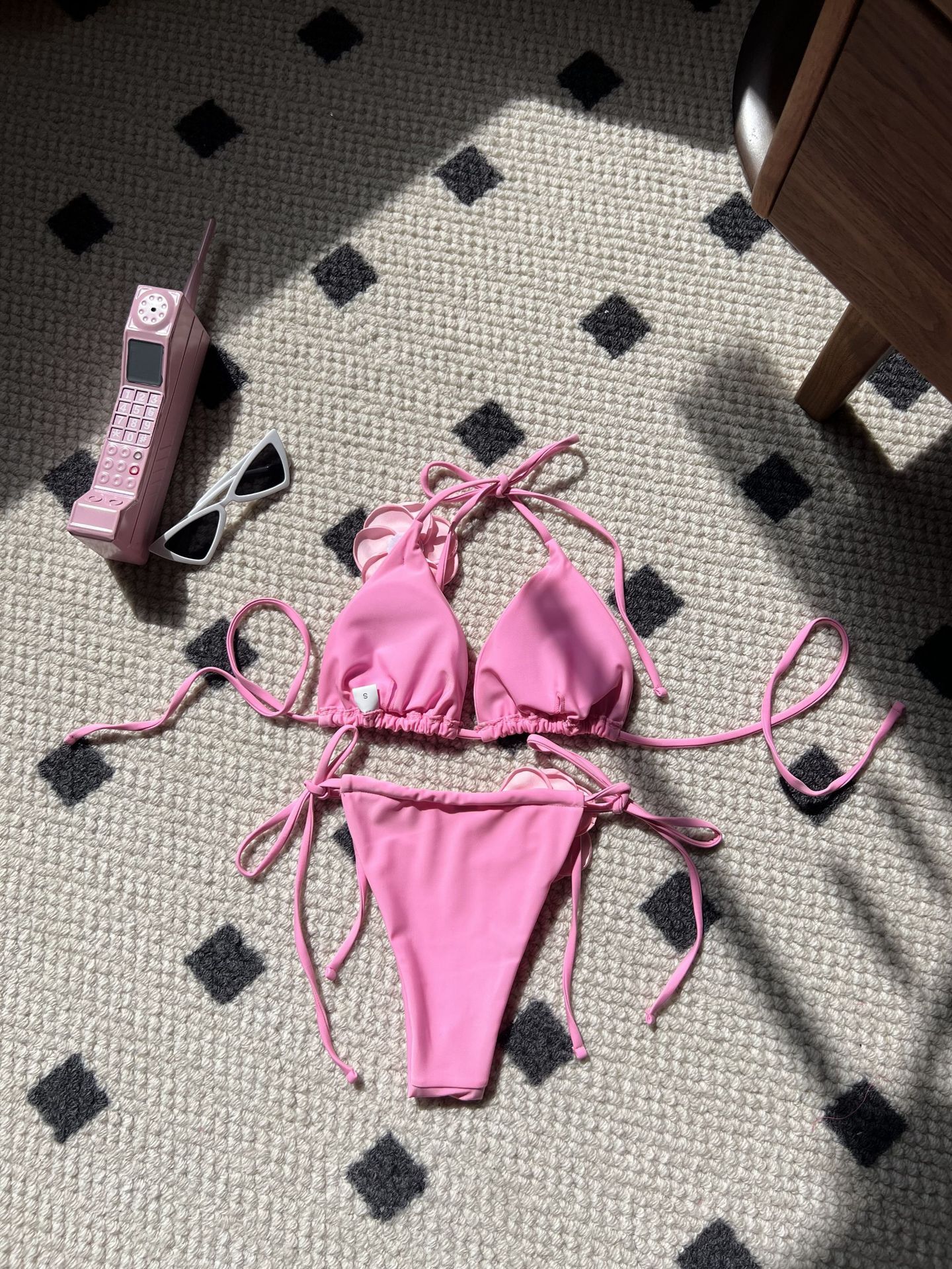 New 2024 Bikini Solid Rose Decorative Bra Drawstring Strap Split Swimsuit Beach Swimming Pool Women Summer Swimwear