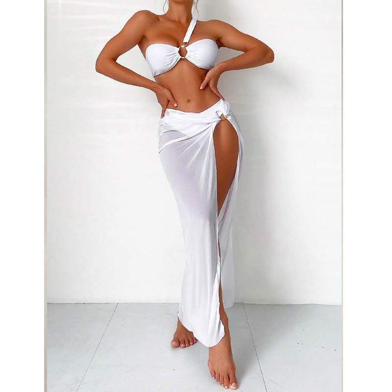 One Shoulder With Sarong Bandeau Strapless Wrinkled Bikini Women Swimwear Female Swimsuit Three-pieces Bikini set Bather Bathing Suit