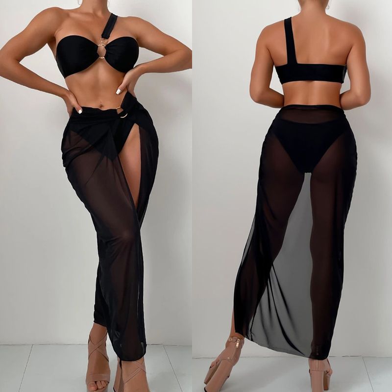 One Shoulder With Sarong Bandeau Strapless Wrinkled Bikini Women Swimwear Female Swimsuit Three-pieces Bikini set Bather Bathing Suit