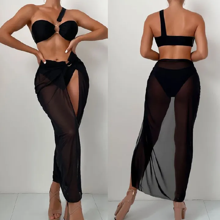 One Shoulder With Sarong Bandeau Strapless Wrinkled Bikini Women Swimwear Female Swimsuit Three-pieces Bikini set Bather Bathing Suit