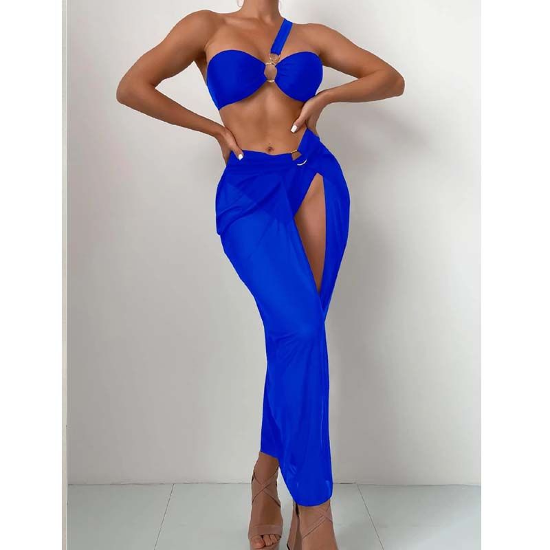 One Shoulder With Sarong Bandeau Strapless Wrinkled Bikini Women Swimwear Female Swimsuit Three-pieces Bikini set Bather Bathing Suit