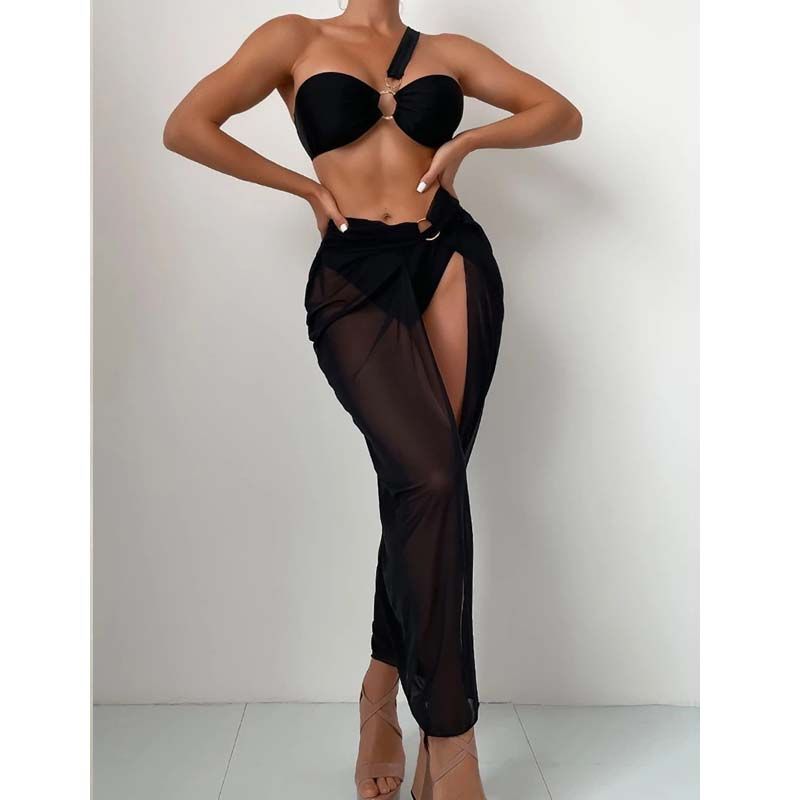 One Shoulder With Sarong Bandeau Strapless Wrinkled Bikini Women Swimwear Female Swimsuit Three-pieces Bikini set Bather Bathing Suit