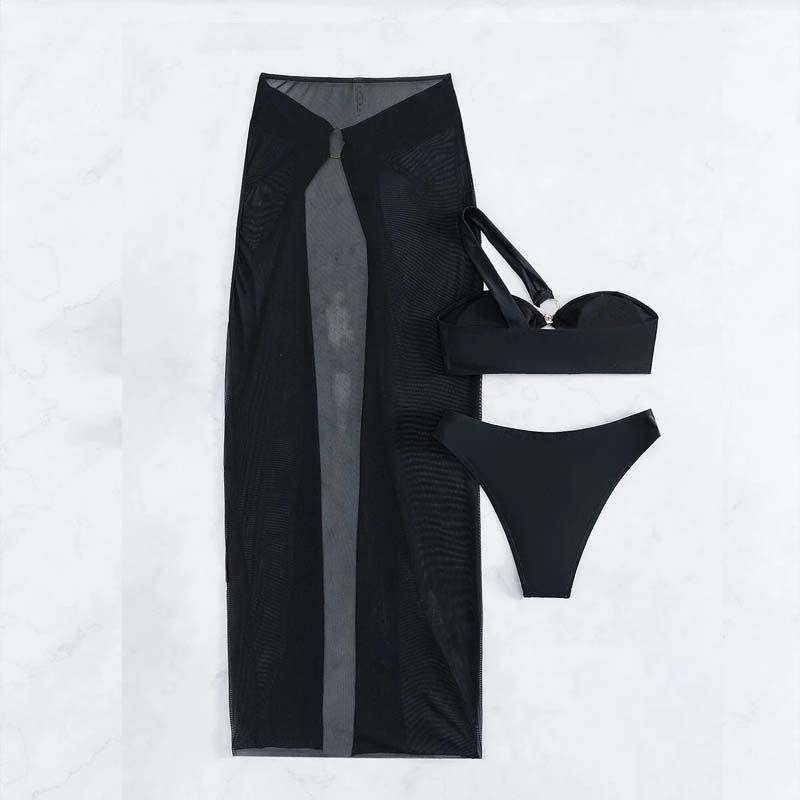 One Shoulder With Sarong Bandeau Strapless Wrinkled Bikini Women Swimwear Female Swimsuit Three-pieces Bikini set Bather Bathing Suit