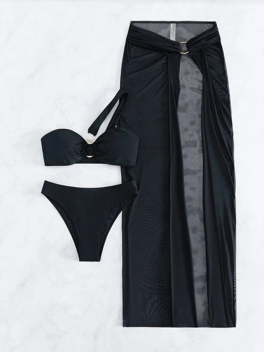 One Shoulder With Sarong Bandeau Strapless Wrinkled Bikini Women Swimwear Female Swimsuit Three-pieces Bikini set Bather Bathing Suit