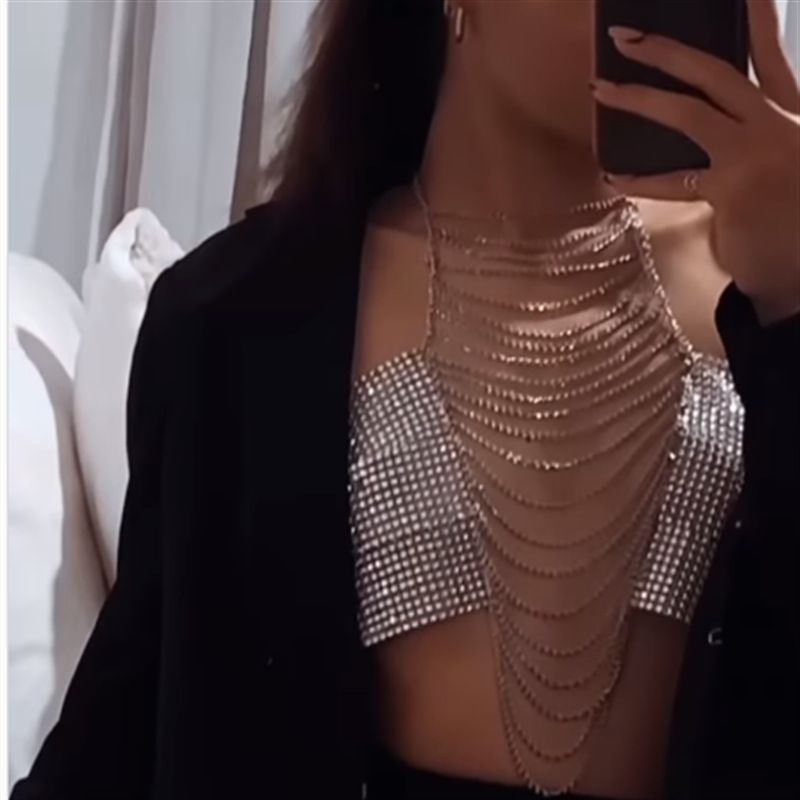 Women Body Chain Tank Tops Fashion Rhinestone Tassel Halter Neck Sleeveless Backless Bra Crop Tops Streetwear