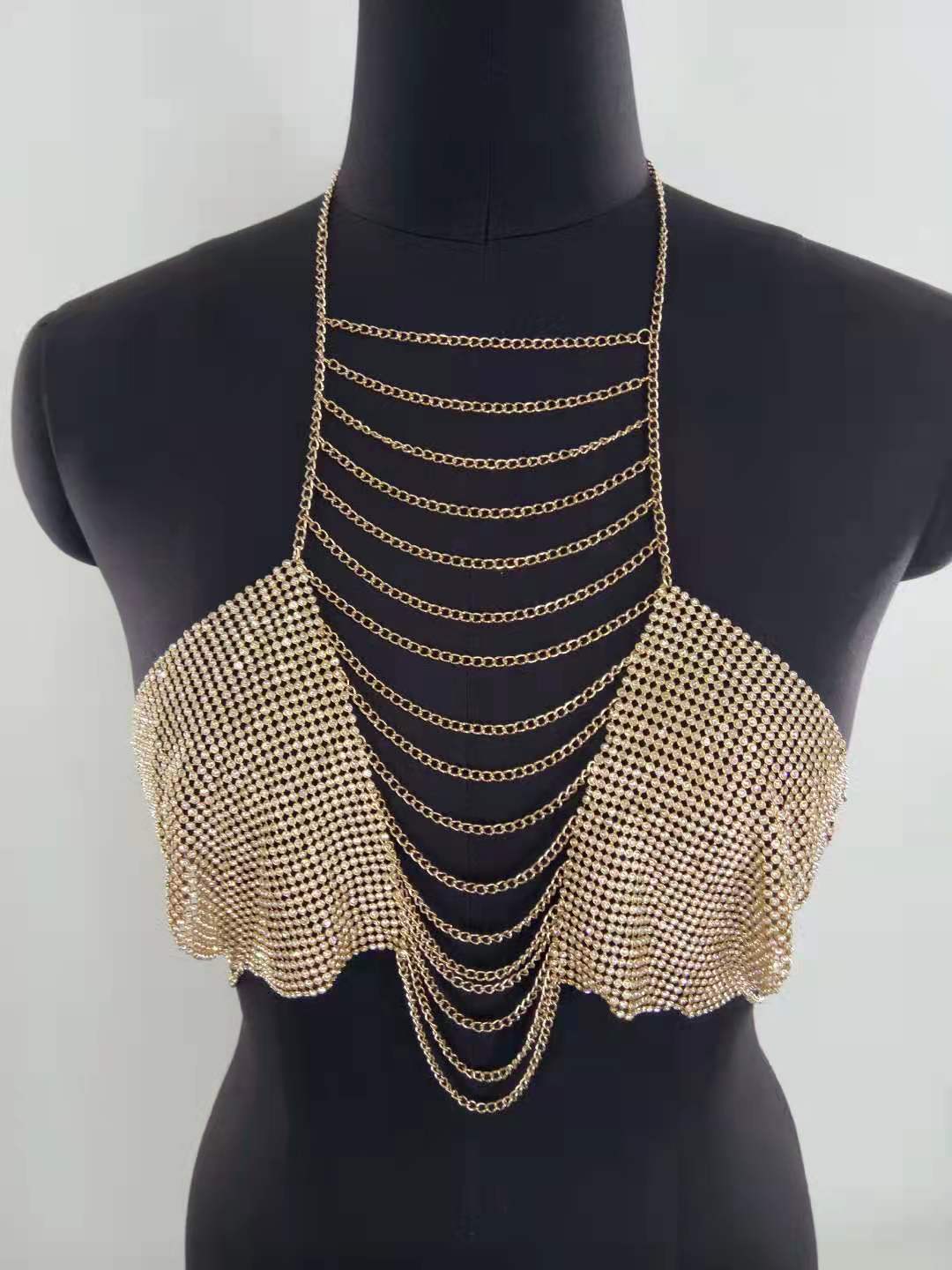 Women Body Chain Tank Tops Fashion Rhinestone Tassel Halter Neck Sleeveless Backless Bra Crop Tops Streetwear
