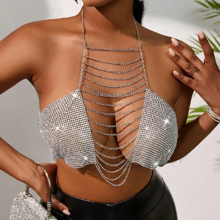 Women Body Chain Tank Tops Fashion Rhinestone Tassel Halter Neck Sleeveless Backless Bra Crop Tops Streetwear