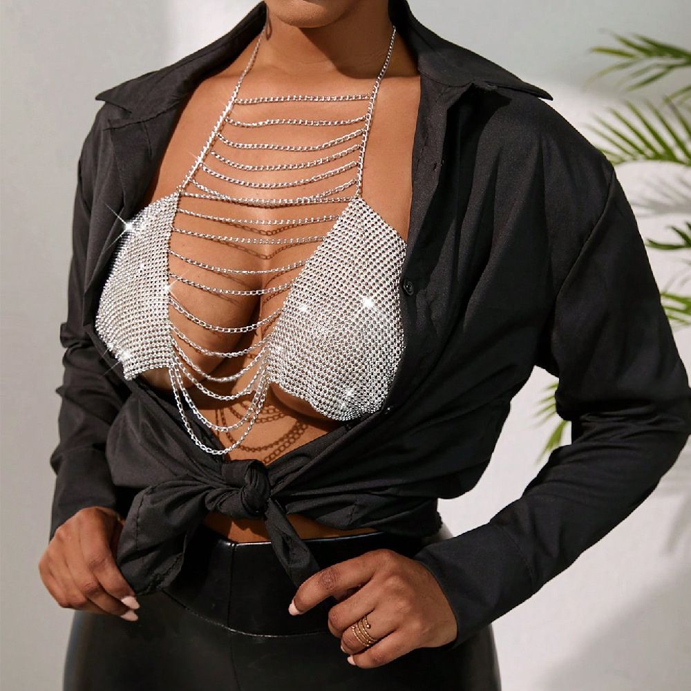 Women Body Chain Tank Tops Fashion Rhinestone Tassel Halter Neck Sleeveless Backless Bra Crop Tops Streetwear
