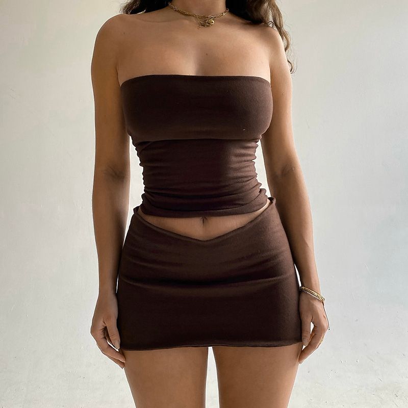 Fashion Top Skirt 2 Piece Set for Women Suit 2022 new Solid Short Tops + Elastic Waist Mini Skirt Sets