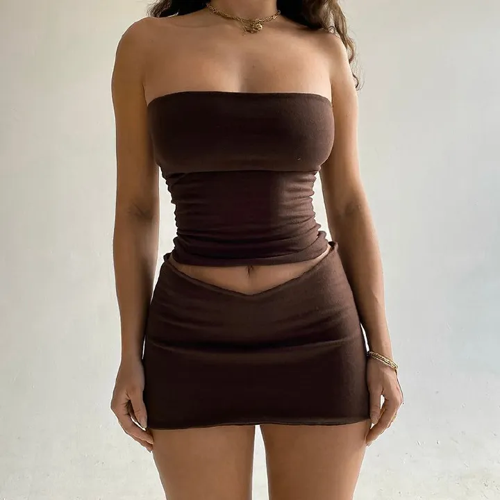 Fashion Top Skirt 2 Piece Set for Women Suit 2022 new Solid Short Tops + Elastic Waist Mini Skirt Sets