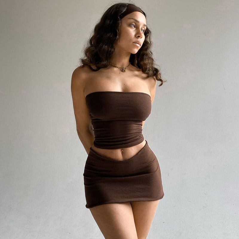 Fashion Top Skirt 2 Piece Set for Women Suit 2022 new Solid Short Tops + Elastic Waist Mini Skirt Sets
