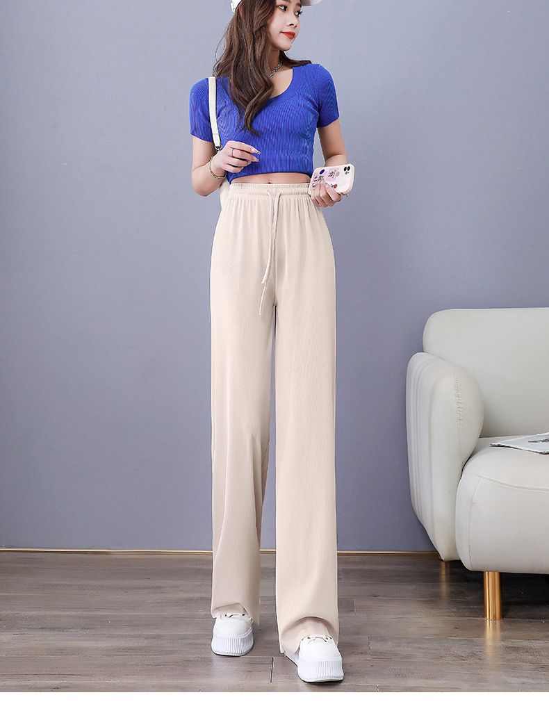 Women Pants Spring Summer Ice Silk Wide Leg Pants 2025 High Waist Loose Straight Casual Pant Female Outdoor Black Trousers R0516