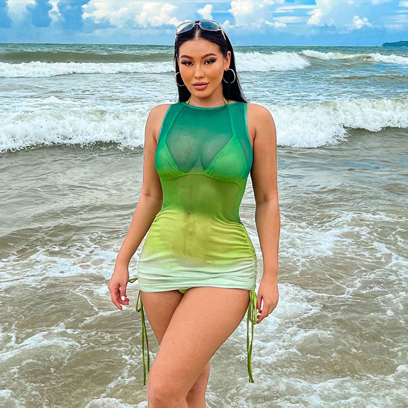 Three-pieces Bikini Women Printed Cover-up Swimsuit Sun Protection Ladies Thin Gauze  Sleeveless Summer Beachwear Leisure